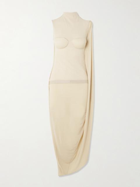Asymmetric Draped Appliquéd Mesh And Stretch-jersey Dress