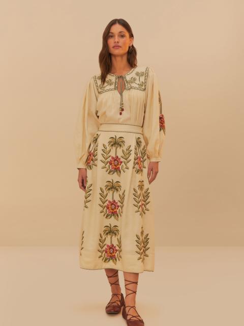 Sand Tropical Flower Embroidered Lenzing™ Ecovero™ Euroflax™ Maxi Skirt