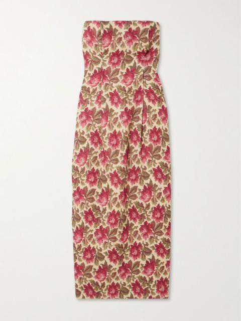 Rosalie strapless pintucked floral-print linen midi dress Red