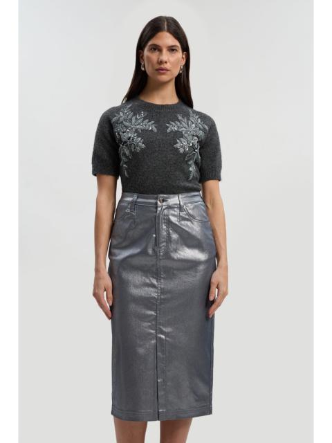 Metallic Coated Denim Pencil Midi Skirt