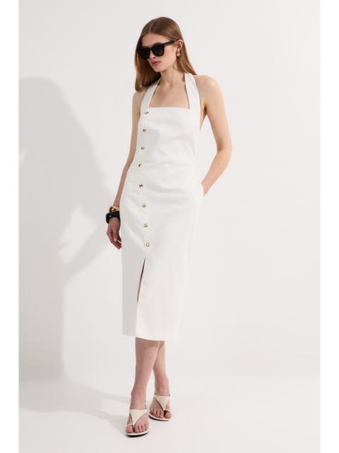 Tailored Denim Halter Neck Pencil Midi Dress