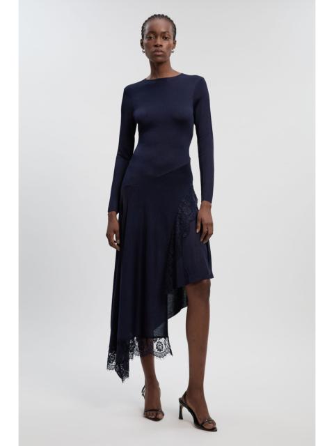 Viscose Blend Slinky Sheer Lace Detail Asymmetric Knit Maxi Dress