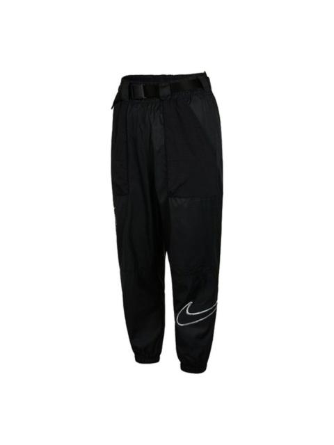 (WMNS) Nike Logo Sports Adjustable Belt Bundle Feet Woven Long Pants/Trousers Autumn Black DJ8997-01