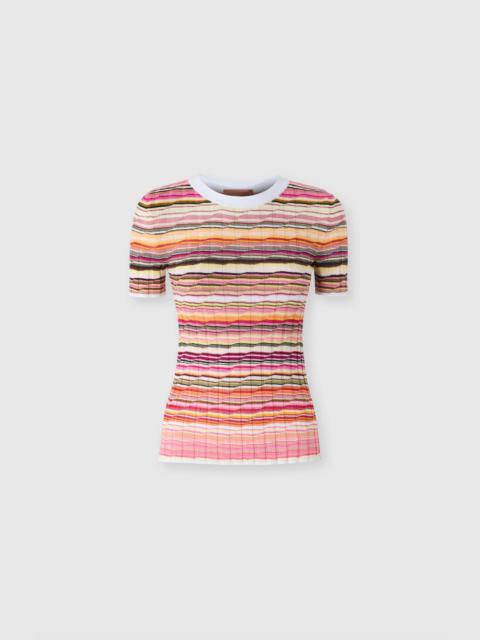 Striped cotton and viscose ribbed sweater with three-quarter sleeves