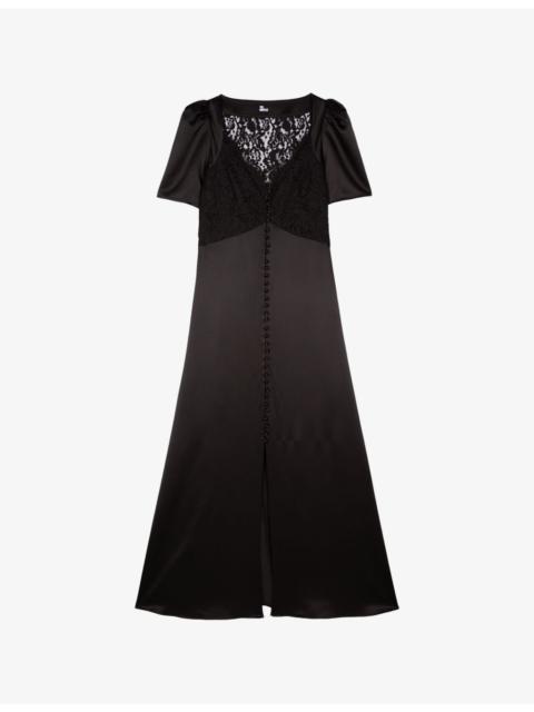 Lace-Embroidered Puff-Sleeve Silk Maxi Dress