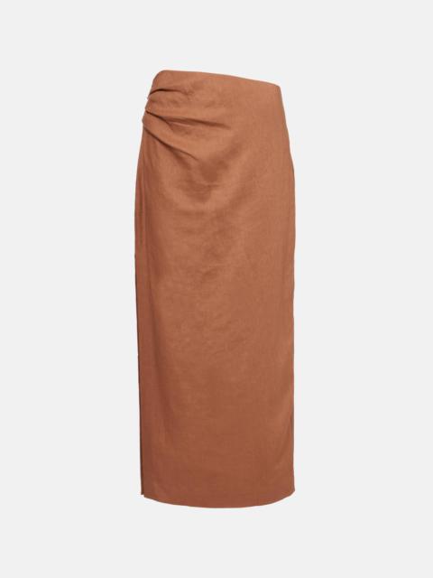 Asymmetric ruched linen midi skirt