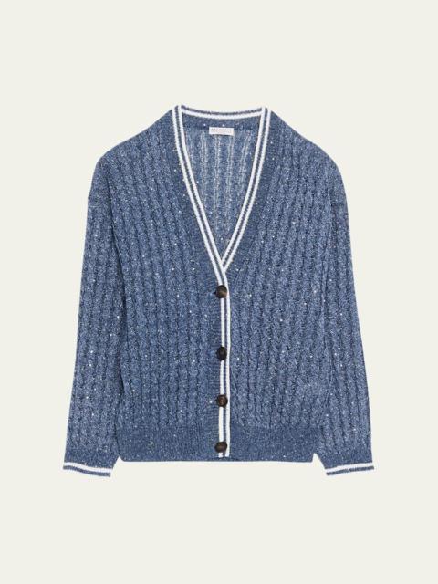 Linen Dazzling Cable Open-Knit V-Neck Cardigan