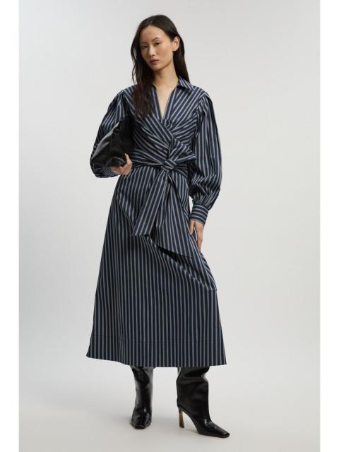 Stripe Cotton Poplin Drama Sleeve Woven Wrap Detail Shirt Dress
