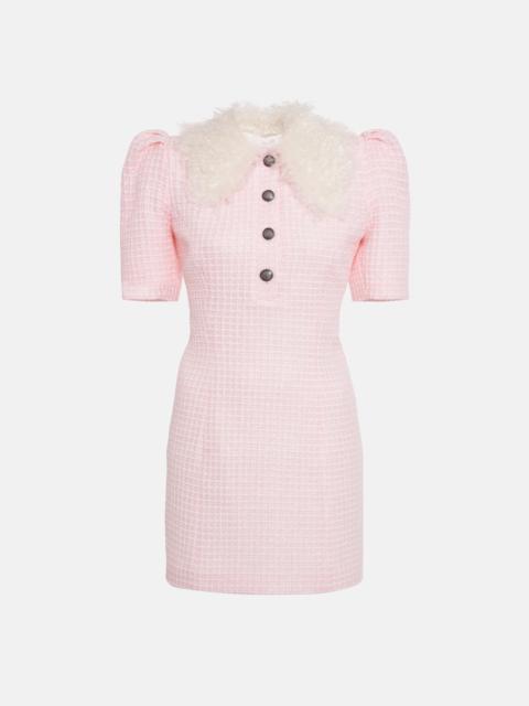 SEQUIN CHECKED TWEED MINI DRESS W/ WOOL FUR COLLAR