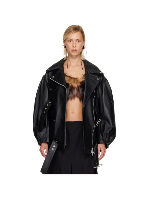 Black Puff Sleeve Multi Belt Leather Biker Jacket