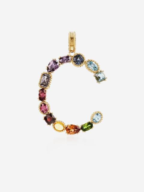 Rainbow alphabet C 18 kt yellow gold charm with multicolor fine gems
