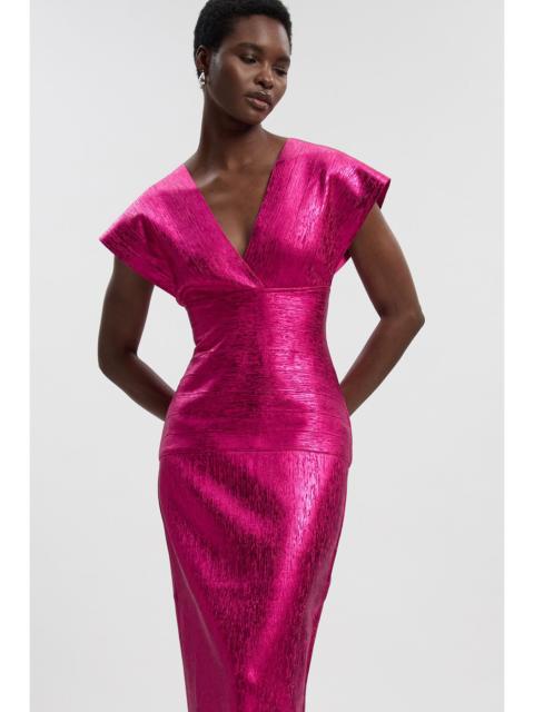 Petite Foil Metallic Figure Form Bandage Angel Sleeve Knit Maxi Dress