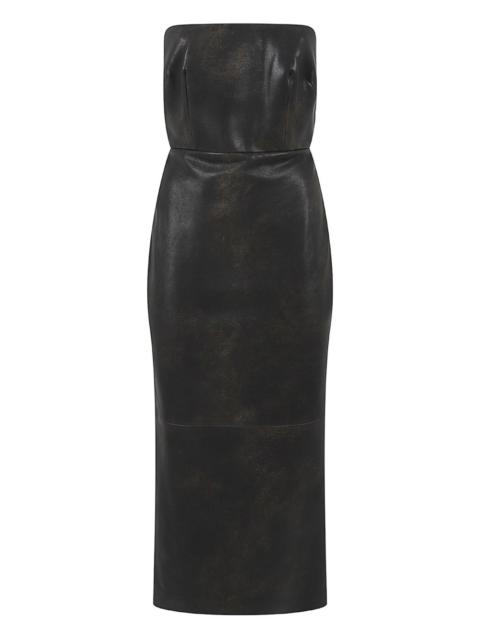strapless split leather midi dress