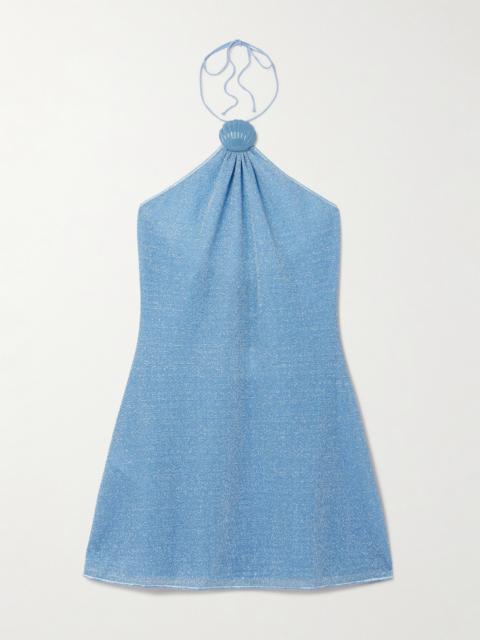 Lumière Appliquéd Metallic Stretch-knit Halterneck Mini Dress