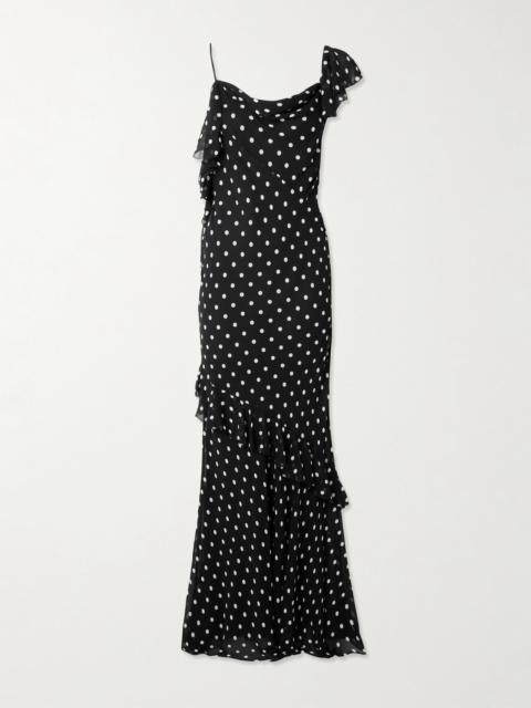 One-shoulder Asymmetric Ruffled Polka-dot Georgette Maxi Dress