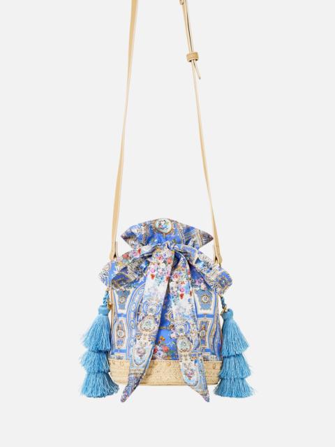 TIE TOP BUCKET BAG WITH TASSELS