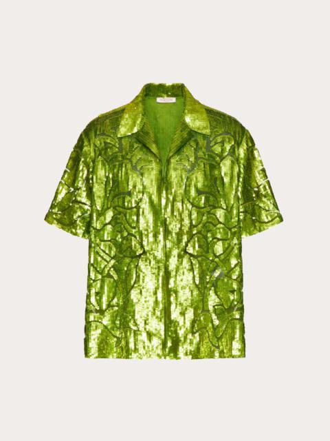 NYLON BOWLING SHIRT WITH SEQUINS AND FLORAL CUT-OUT EMBROIDERY