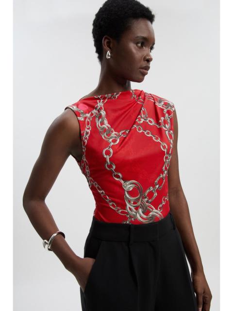 Chain Print Crepe Asymmetric Neck Sleeveless Top