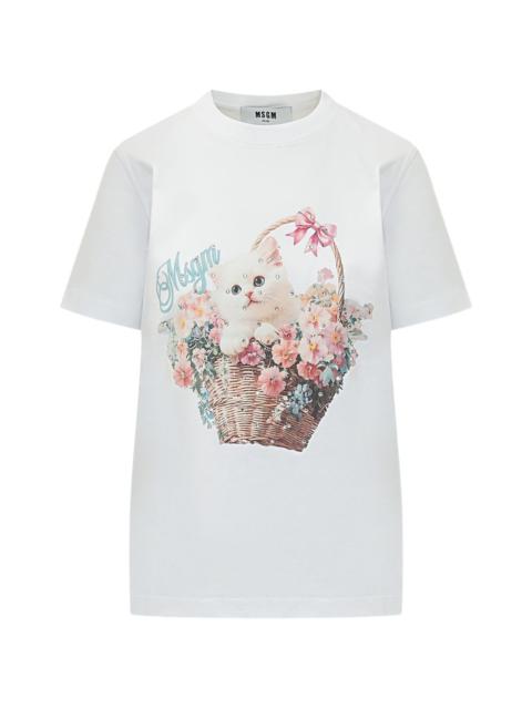 floral kitten graphic T-shirt