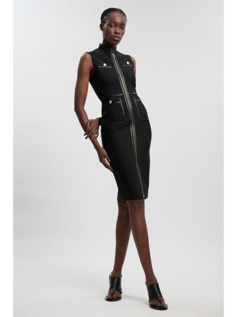 Sleeveless Pu Tipped Military Bandage Midi Dress