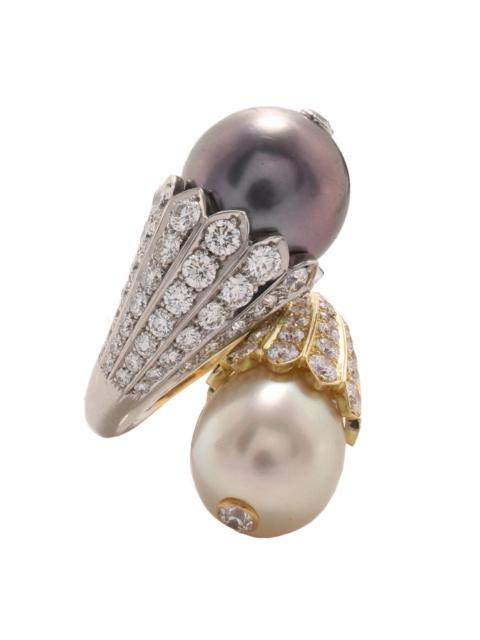 Diamond Pearl Flower Bud Crossover Ring