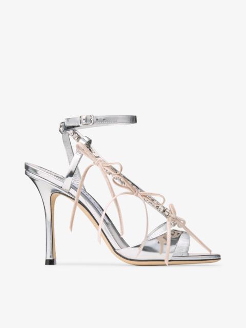 Lula 100
Silver and Macaron Liquid Metal Leather Sandals with Velvet Bows