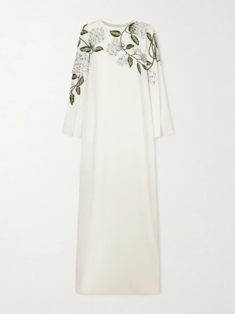 Appliquéd Embroidered Silk-blend Crepe Gown