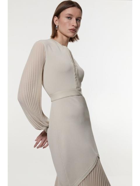 Woven Sleeved Pleated Dress With Pu