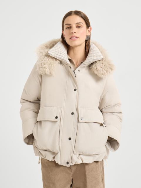 Techno cotton water-resistant taffeta down parka with detachable shearling hood and shiny zipper pul