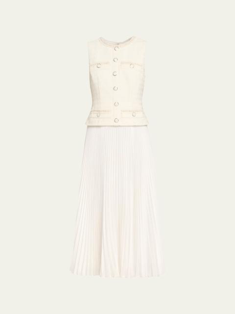 Pleated Boucle Mixed Media Midi Dress