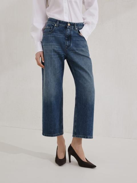 Authentic denim contemporary square trousers with monili