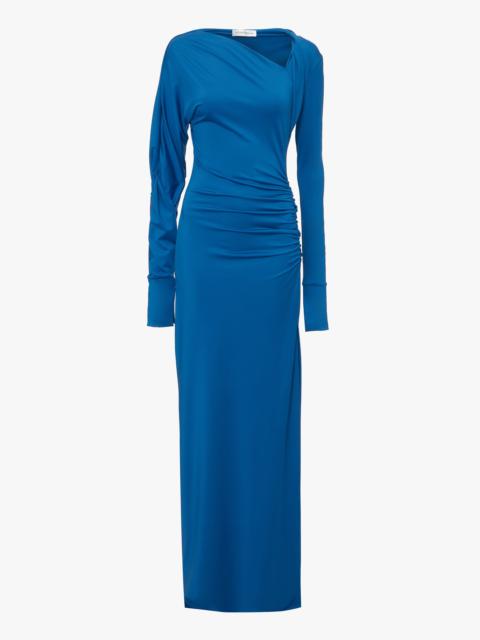 Long Sleeve Slash-Neck Jersey Floor-Length Gown In Ocean Blue