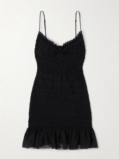 Smocked ruffled silk-crepon mini dress Black