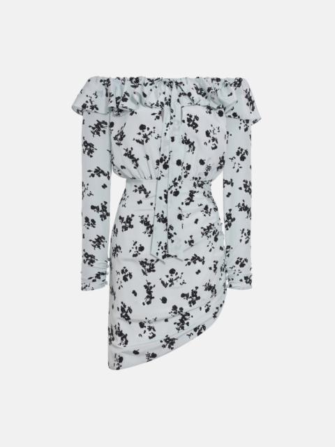 ROSE PRINT SILK OFF THE SHOULDER MINI DRESS