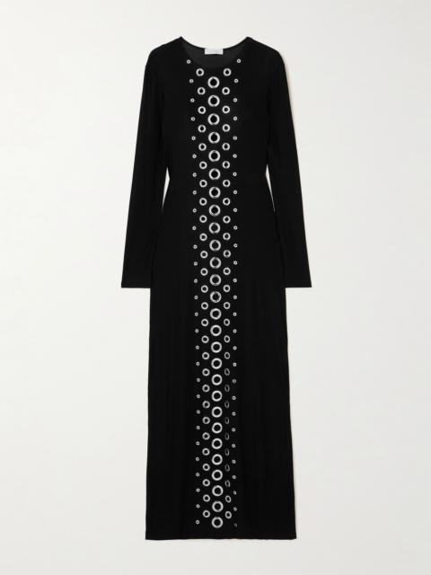 Eyelet-embellished stretch-jersey maxi dress Black