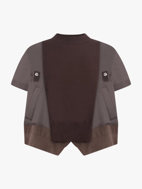 CONTRAST S/S PANEL X KNIT PULLOVER TOP | BROWN