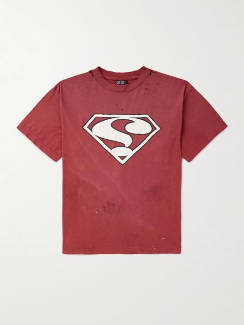 Saint Superman Distressed Paint-Splattered Printed Cotton-Jersey T-Shirt Burgundy