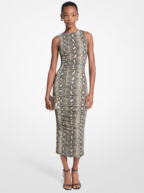 Snake Print Stretch Jersey Ruched Midi Dress
