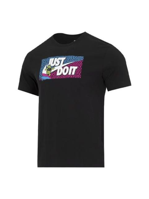 Men's Nike Square Brand Logo Cartoon Printing Round Neck Casual Short Sleeve Black T-Shirt DQ1088-01