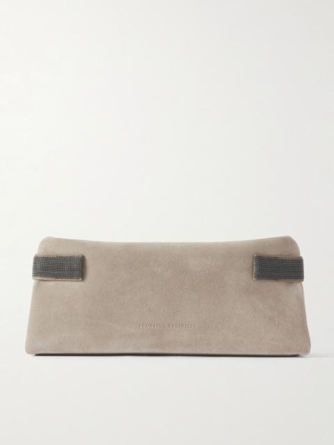 Bead-embellished leather-trimmed suede clutch Gray