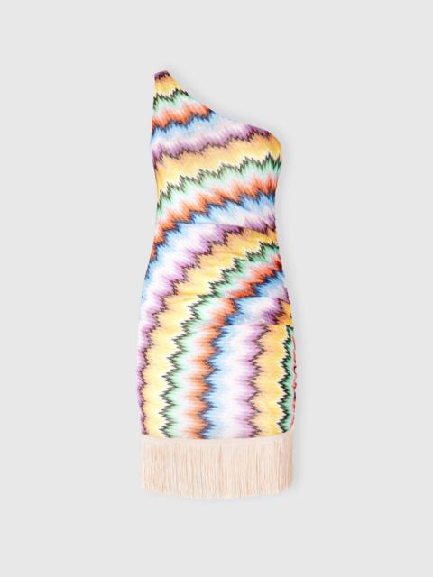 One-Shoulder Cover-Up with Fringes and Faded Stripes