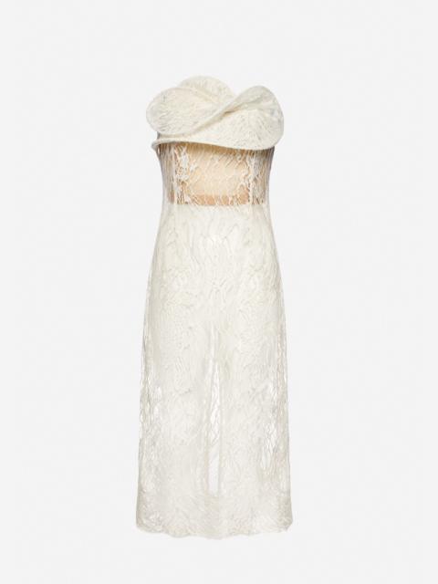 Lace corset dress with sculptural neckline in cream