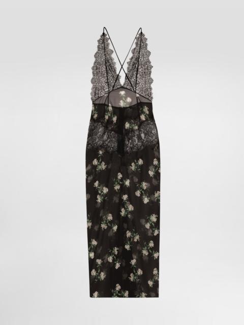 Violets-print dress with lace insert