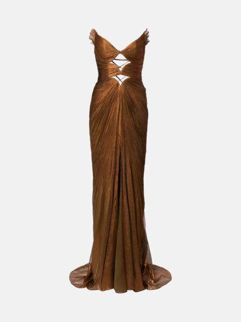Cutout pleated silk gown