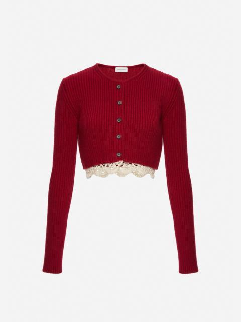 Long-sleeve crochet-trim cropped cardigan in red