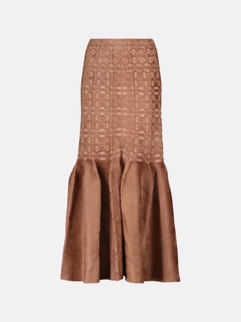 Lace-trimmed velvet midi skirt