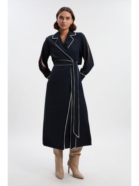 Petite Contrast Tipping Tie Waist Long Sleeve Woven Trench Midi Dress