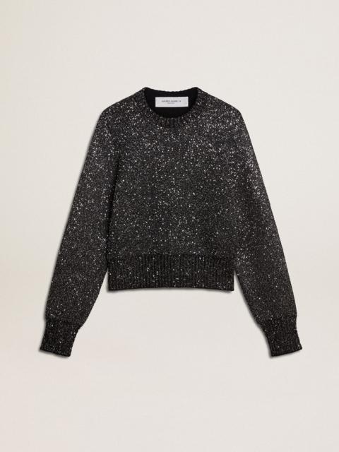 Women's black wool blend cropped sweater with all-over sequins