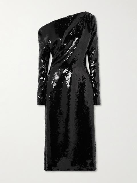 Danae Draped Asymmetric Sequined Crepe Midi Dress