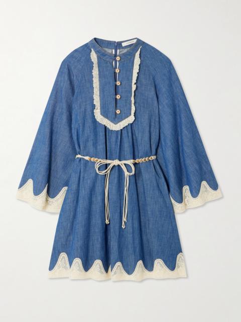 Awaken Belted Lace-trimmed Denim Mini Dress